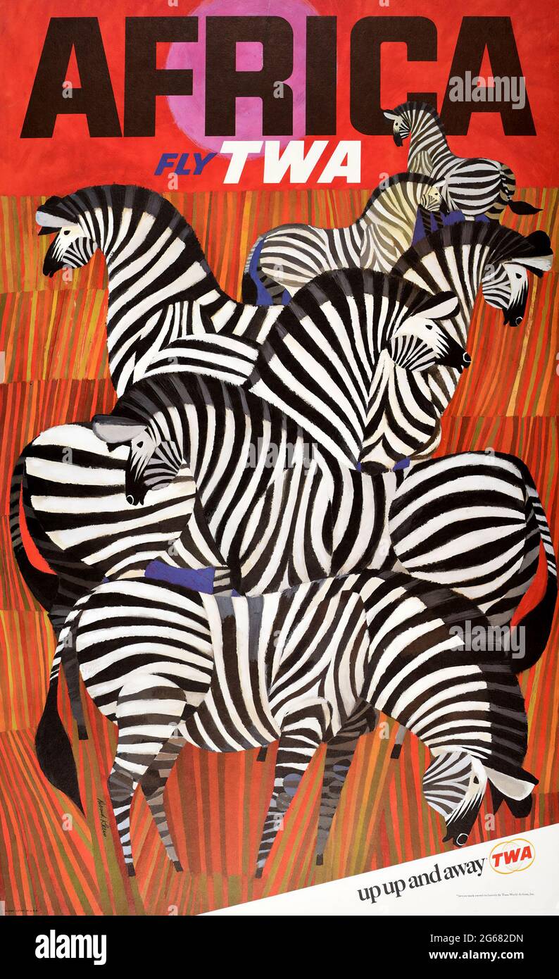 Fly TWA, Africa, Vintage Travel Poster, TWA – Trans World Airlines operated from 1930 until 2001. David Klein 1967. Up up and away. Zebra. Stock Photo