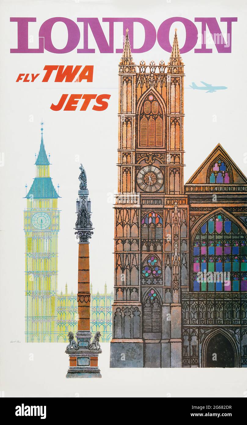 Fly TWA, London, Vintage Travel Poster, TWA – Trans World Airlines operated from 1930 until 2001. Art by David Klein, 1958. Stock Photo