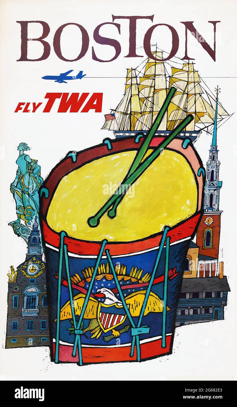 Fly TWA, Boston, Vintage Travel Poster, TWA – Trans World Airlines operated from 1930 until 2001. Art by David Klein c 1960. Stock Photo