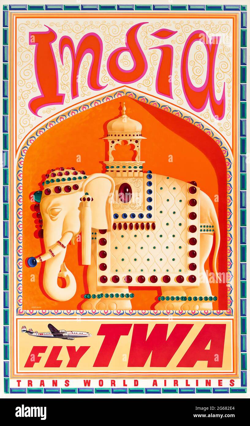 Fly TWA, India, Vintage Travel Poster, TWA – Trans World Airlines. High resolution poster. Art by David Klein c 1960. Stock Photo