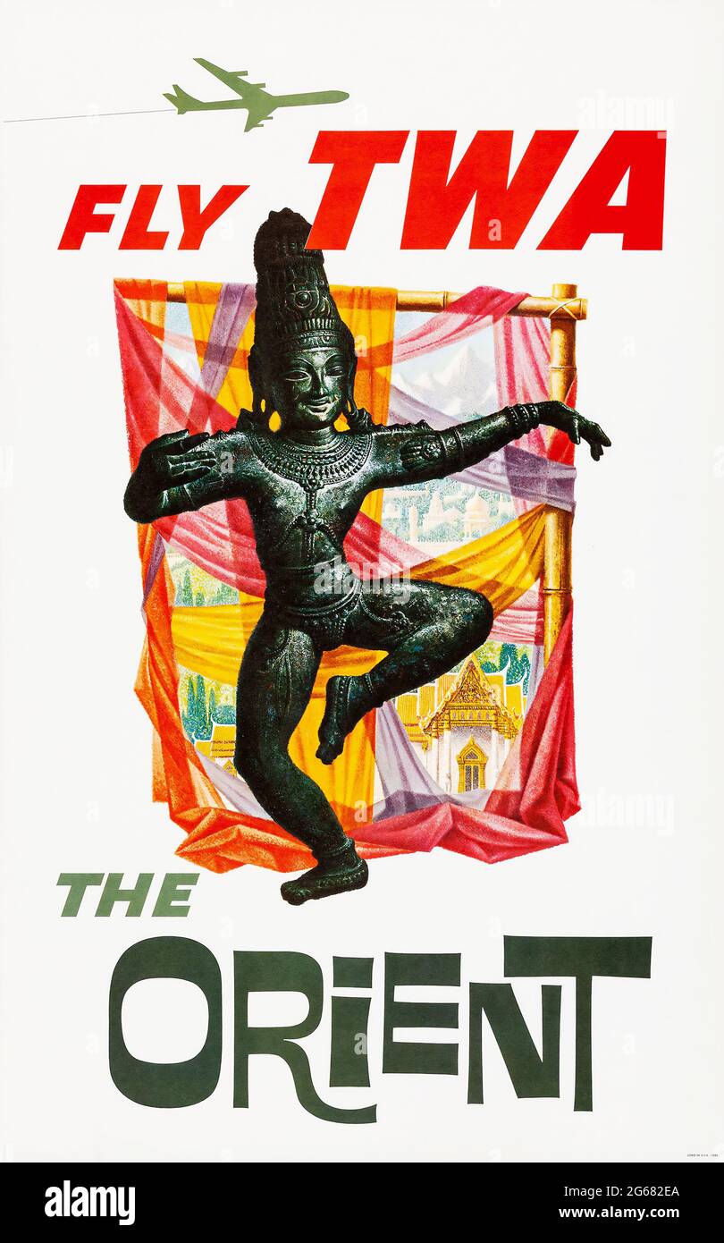 Fly TWA, The Orient, Vintage Travel Poster, TWA – Trans World Airlines operated from 1930 until 2001. Artwork by David Klein, 1955. Stock Photo
