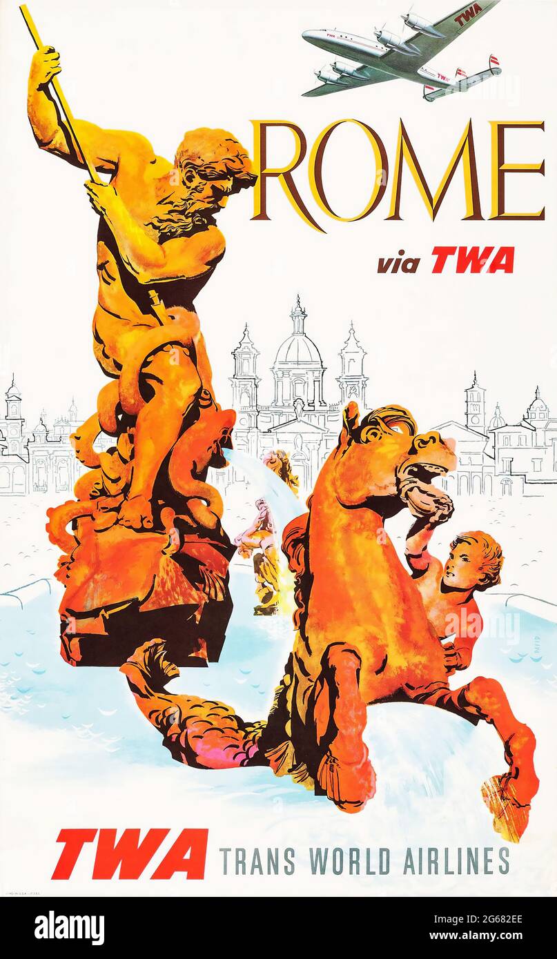 Fly TWA, Rome, Vintage Travel Poster, TWA – Trans World Airlines operated from 1930 until 2001. High resolution poster. Art by David Klein. 1956. Stock Photo