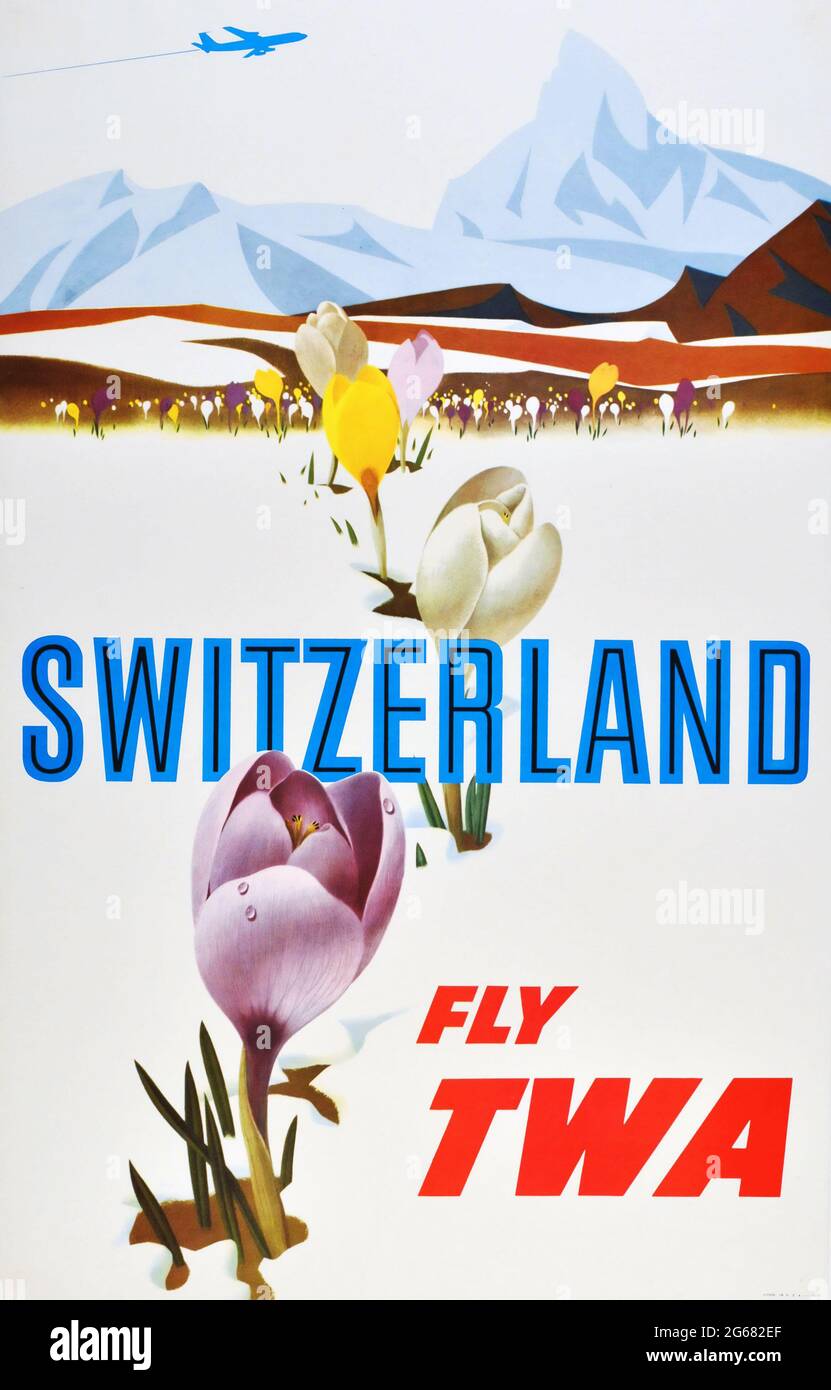 Fly TWA, Switzerland, Vintage Travel Poster, TWA – Trans World Airlines operated from 1930 until 2001. High resolution poster. Stock Photo