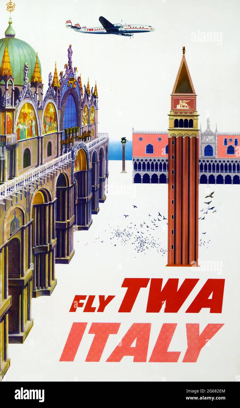 Fly TWA, Italy, Vintage Travel Poster, TWA – Trans World Airlines operated from 1930 until 2001. High resolution poster. David Klein c 1960. Tower. Stock Photo