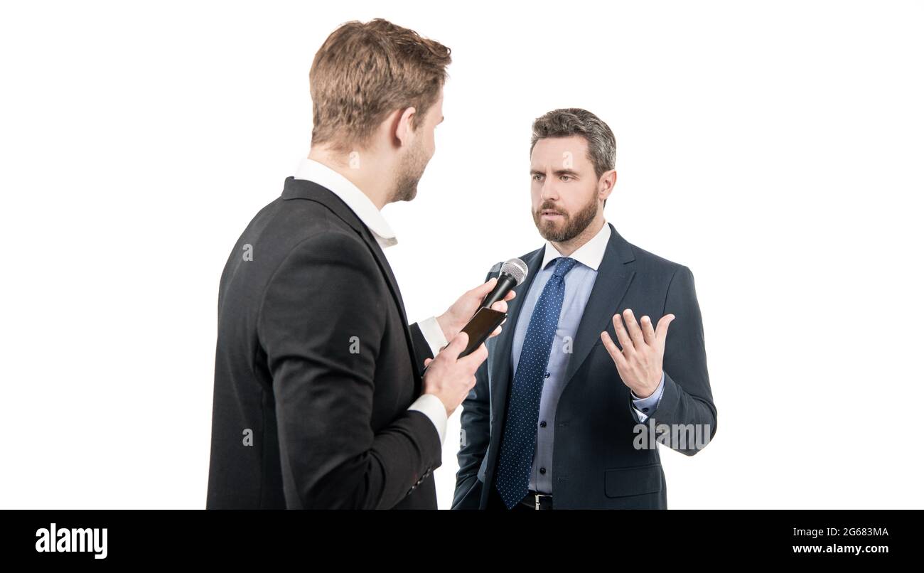 Media reporter journalist do journalistic interview with man businessman or politician, interviewing Stock Photo