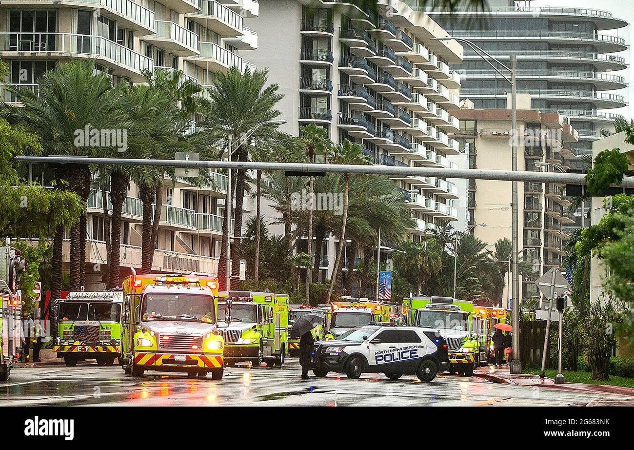 Massive presence of MiamiDade County Fire Rescue trucks are seen