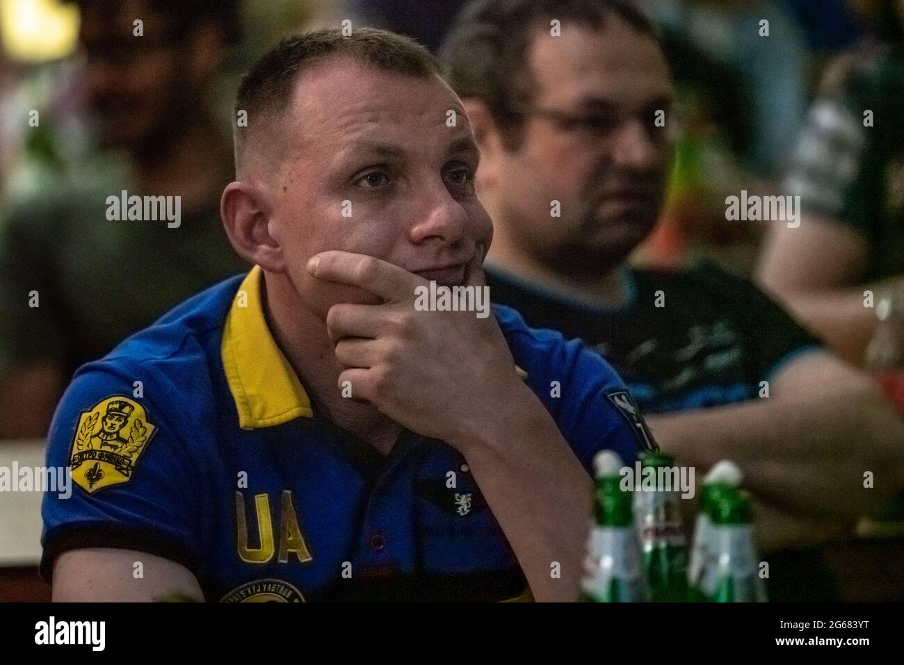 London, UK. 3rd July, 2021. UEFA EURO 2020: Ukraine vs England. British-Ukrainians feeling deflated after losing to England 4-0 whilst watching the match at the Association of Ukrainians in Great Britain (AUGB) venue in Holland Park. Credit: Guy Corbishley/Alamy Live News Stock Photo