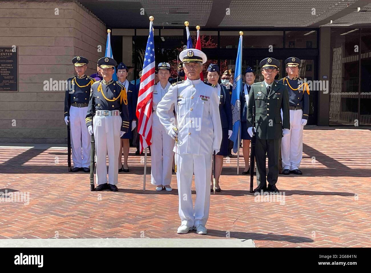 A color guard at ceremony to recognize the 84th anniversary of the Marco Polo Bridge Incident, Saturday, July 3, 2021, at the Monterey Park Civic Cent Stock Photo