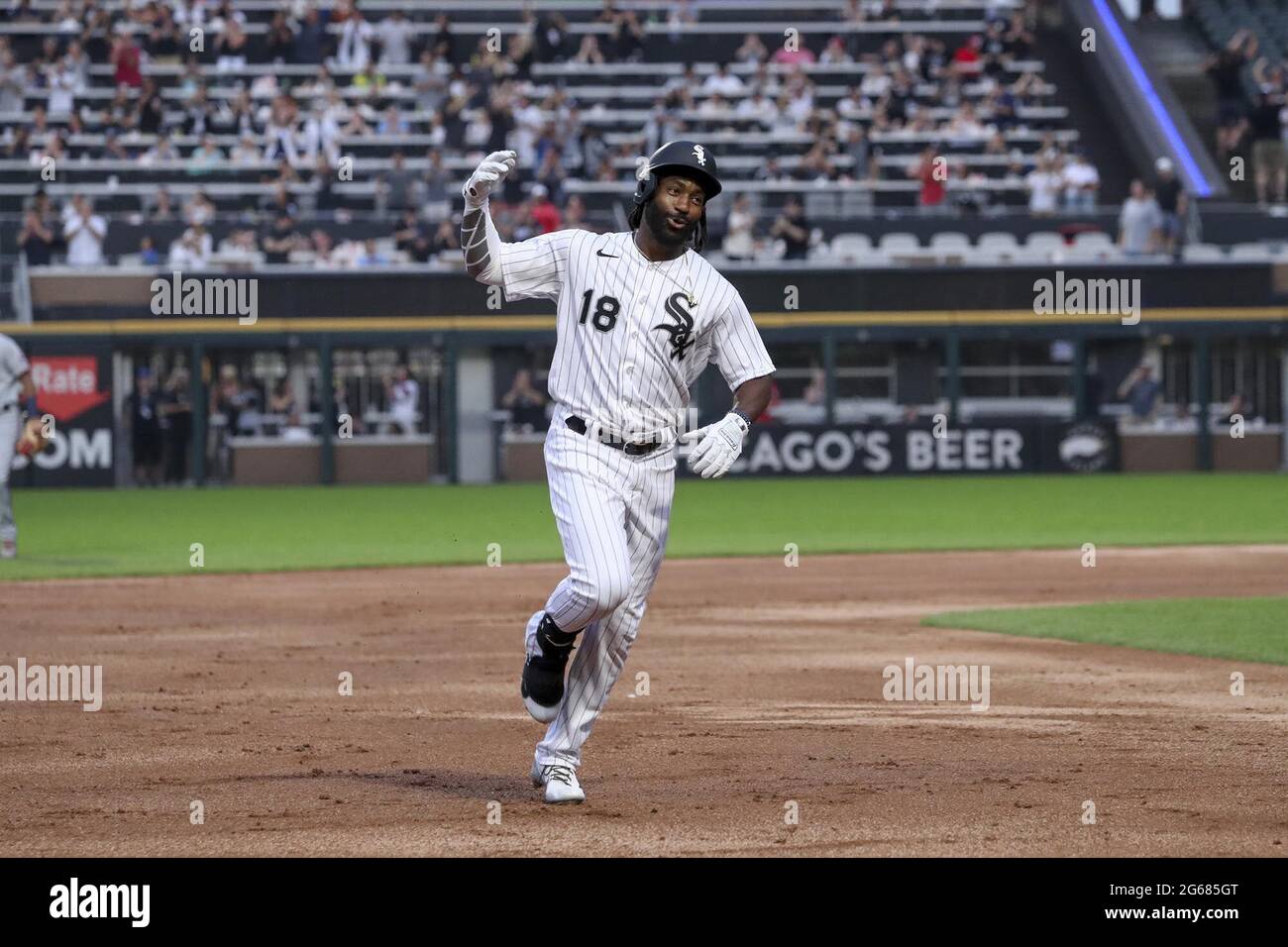 The Chicago White Sox Brian Goodwin celebrates after hitting a solo home run during the second inning against the Minnesota Twins at Guaranteed Rate Field on Wednesday, June 30, 2021 in Chicago.