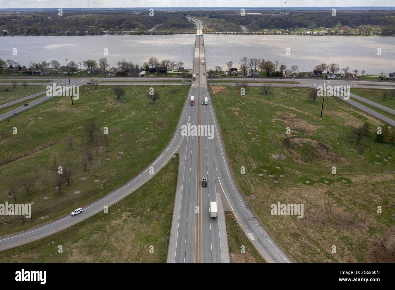 Vehicles drive the Interstate 80 bridge over the Mississippi River between Iowa and Illinois on April 12, 2021, in Le Claire, Iowa. (Photo by Erin Hooley/Chicago Tribune/TNS/Sipa USA) Credit: Sipa USA/Alamy Live News Stock Photo