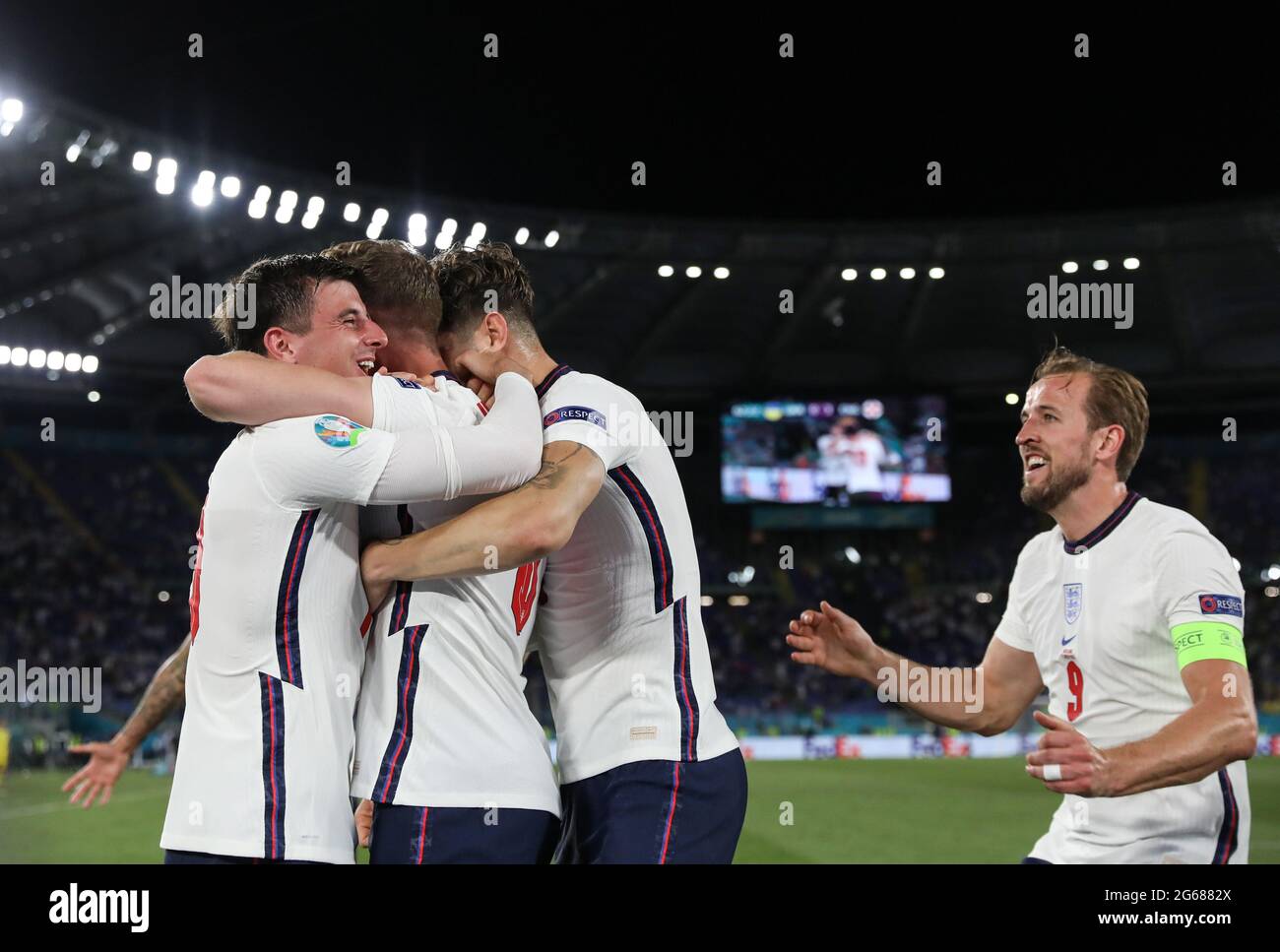 Rome. 3rd July, 2021. Jordan Henderson (2nd L) of England celebrates scoring with teammates during the UEFA EURO 2020 quarterfinal match between England and Ukraine in Rome, Italy on July 3, 2021. Credit: Cheng Tingting/Xinhua/Alamy Live News Stock Photo
