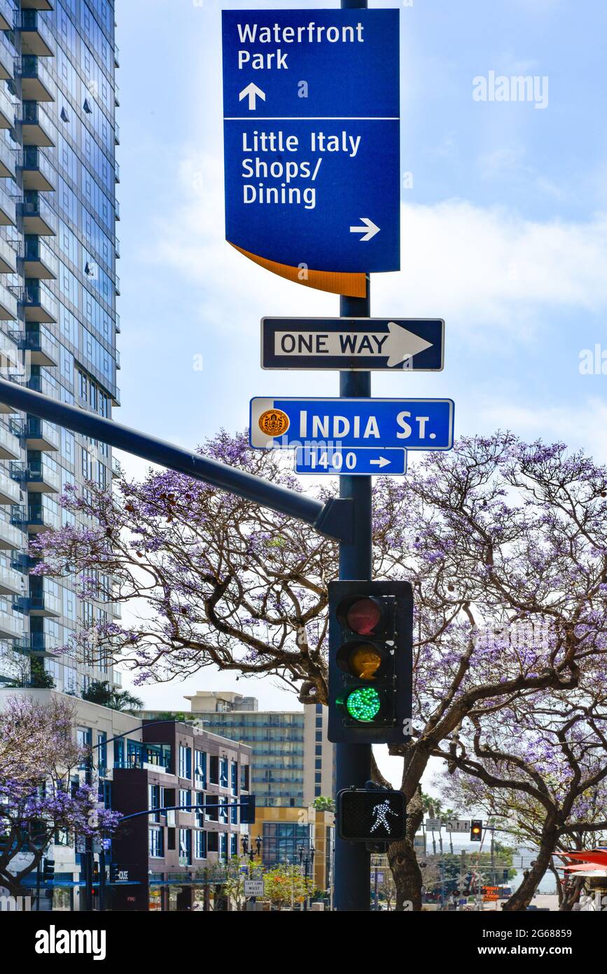 A crosswalk with signage, Jacaranda tree and high-rise buildings with traffic light in Little Italy district near the Waterfront in San Diego, CA Stock Photo