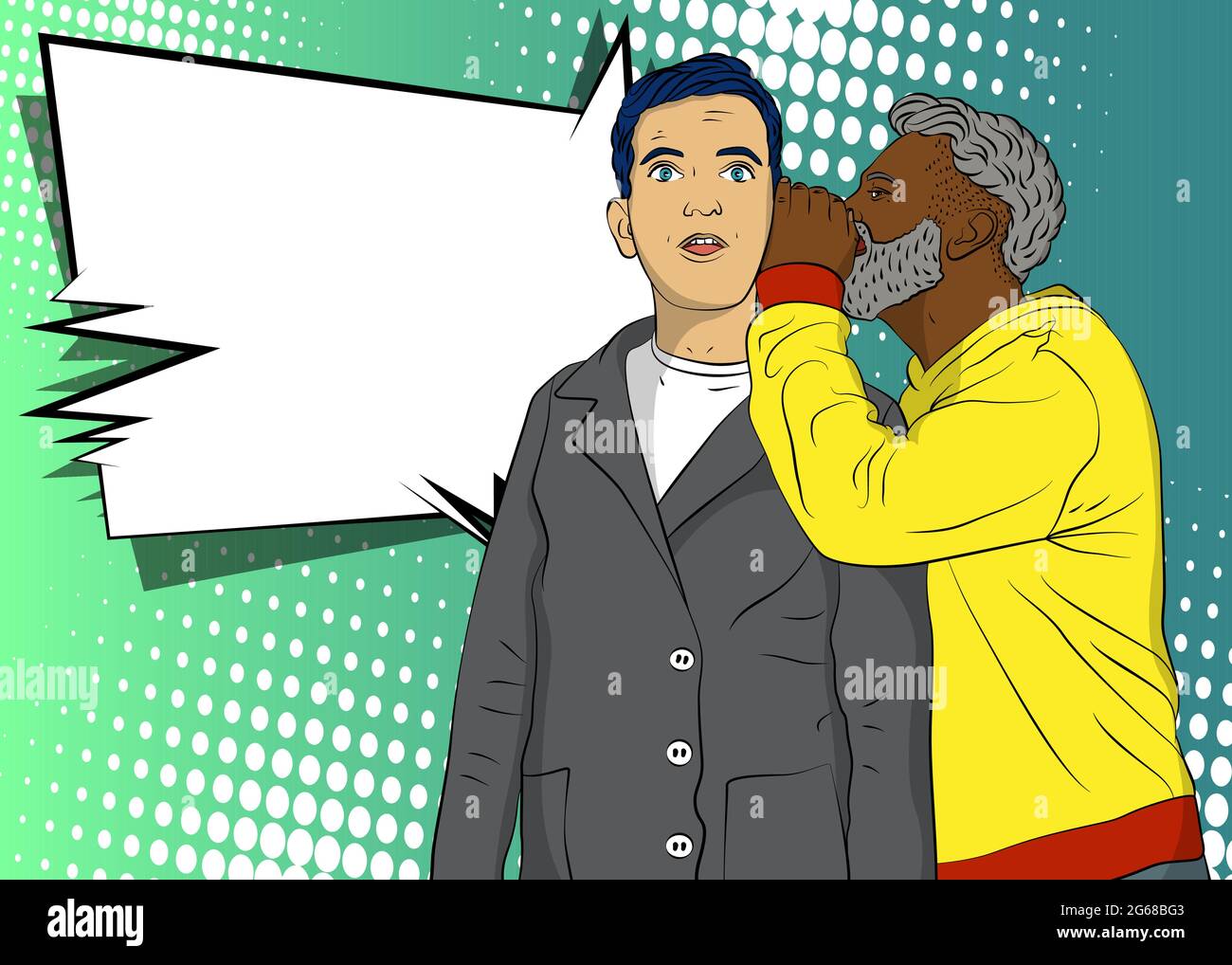 African-American man whispering to his Caucasian coworker, sharing secret gossips into his ear. Comic book style vector illustration. Stock Vector