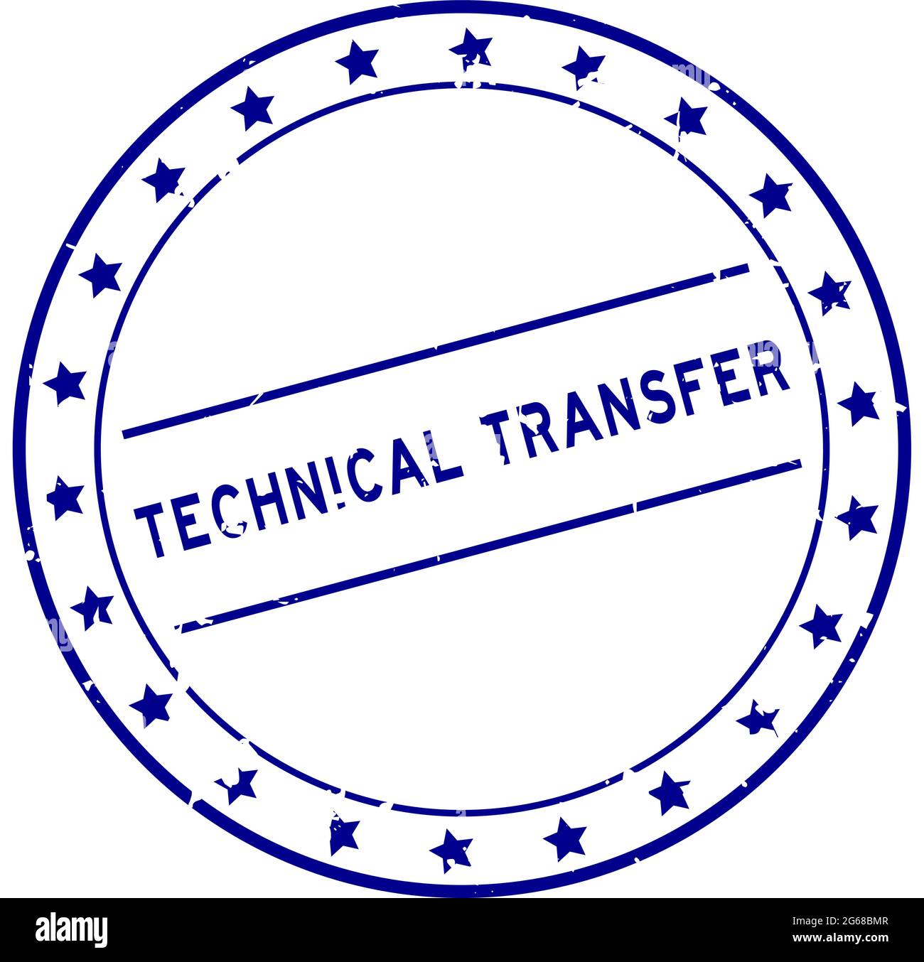 Grunge blue technical transfer word round rubber seal stamp on white