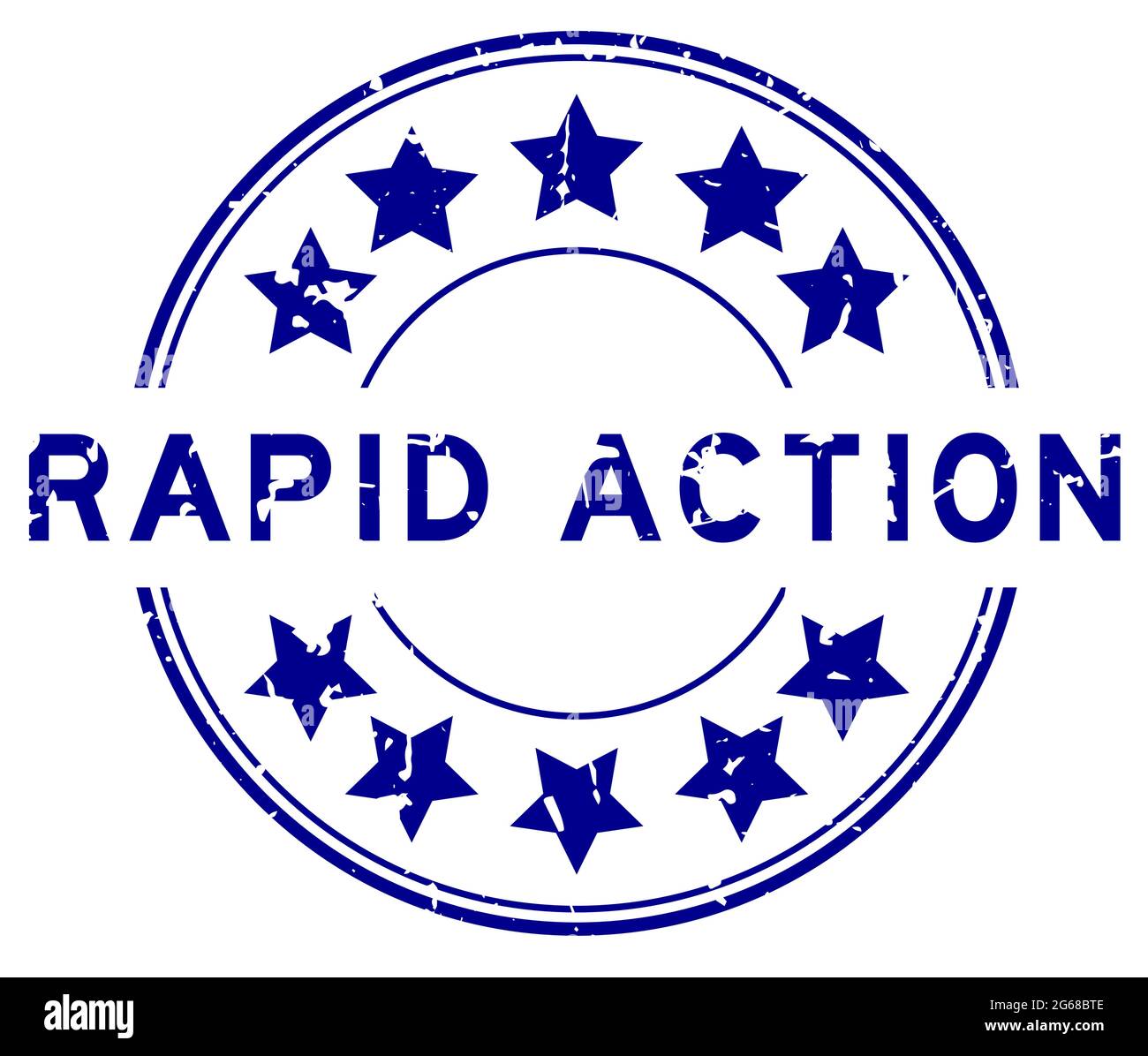 Grunge blue rapid action word with star icon round rubber seal stamp on white background Stock Vector