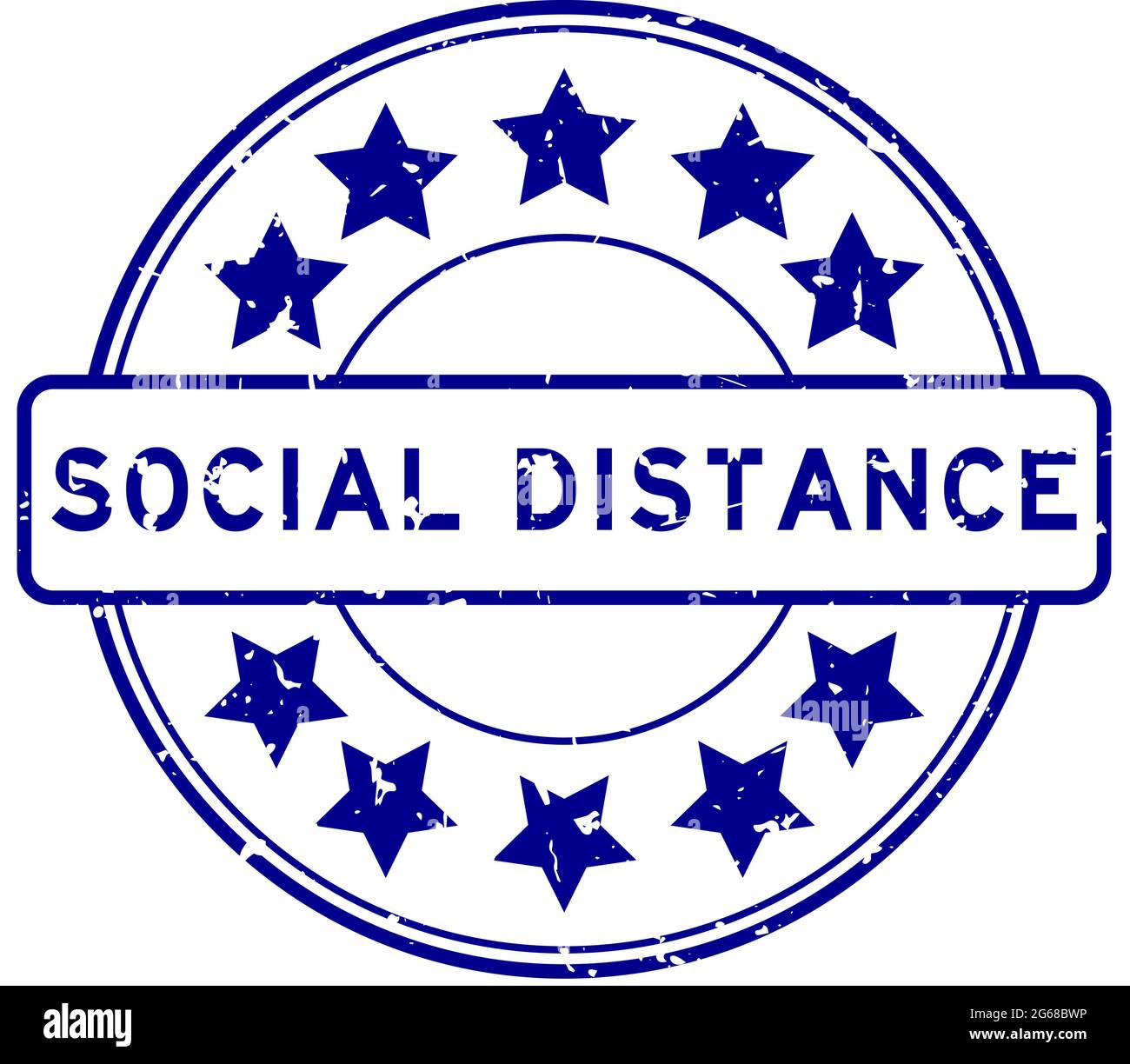 Grunge blue social distance word with star icon round rubber seal stamp ...