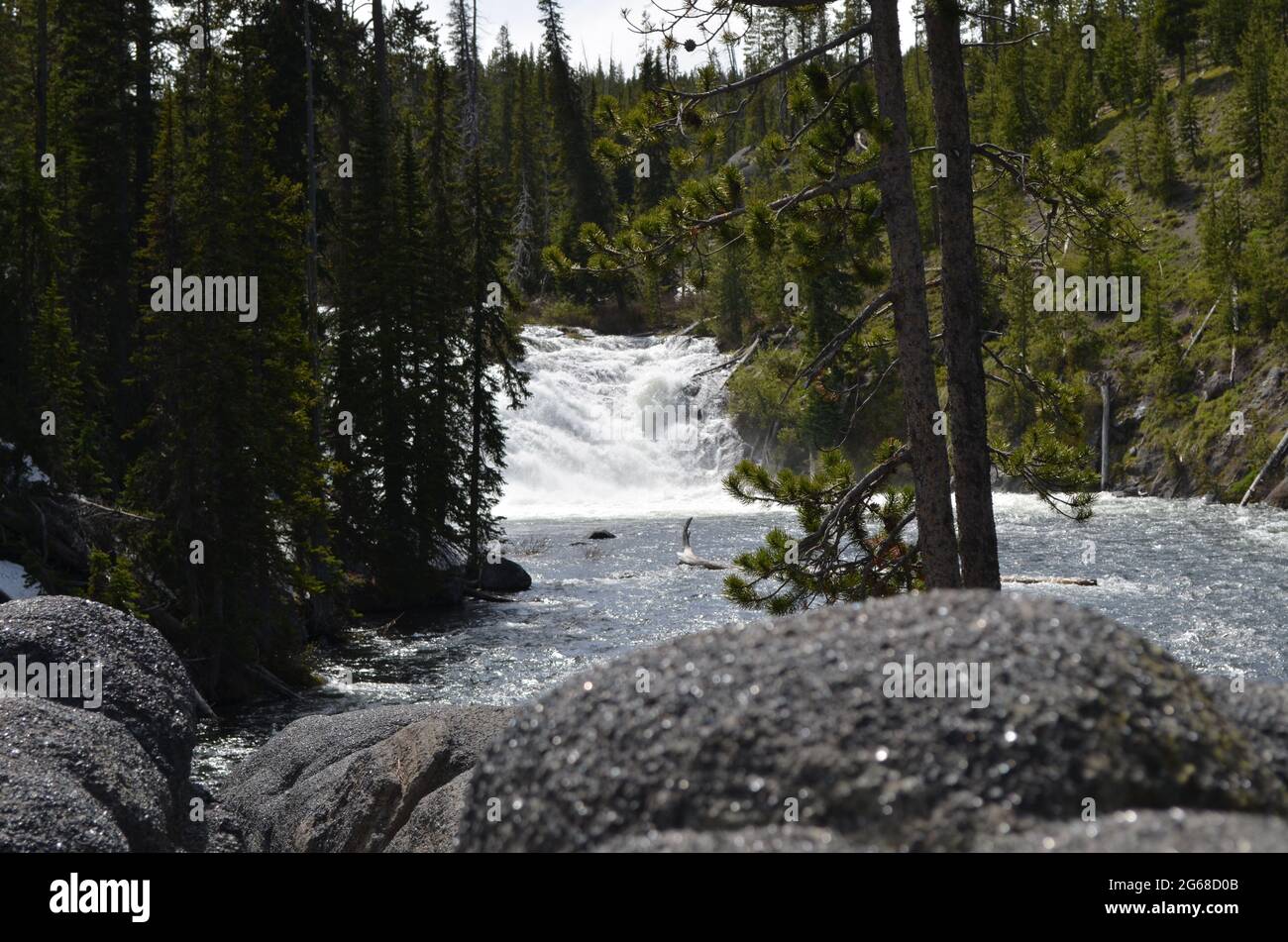 Late Spring in Yellowstone National Park: Looking Upstream at Lewis Falls on Lewis River Next to the South Entrance Road Stock Photo