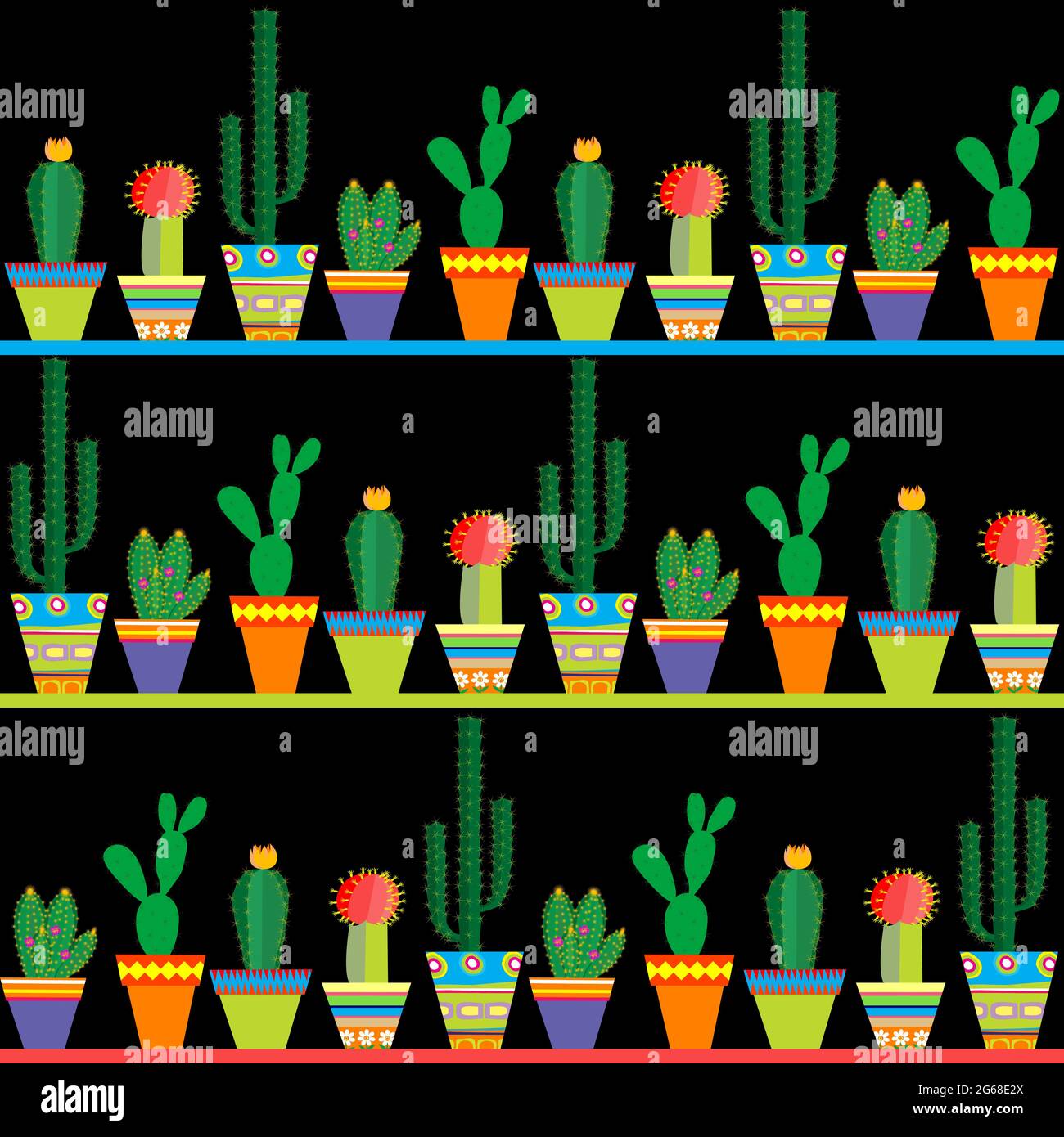 Seamless pattern with rows of different cactus over black background Stock Vector
