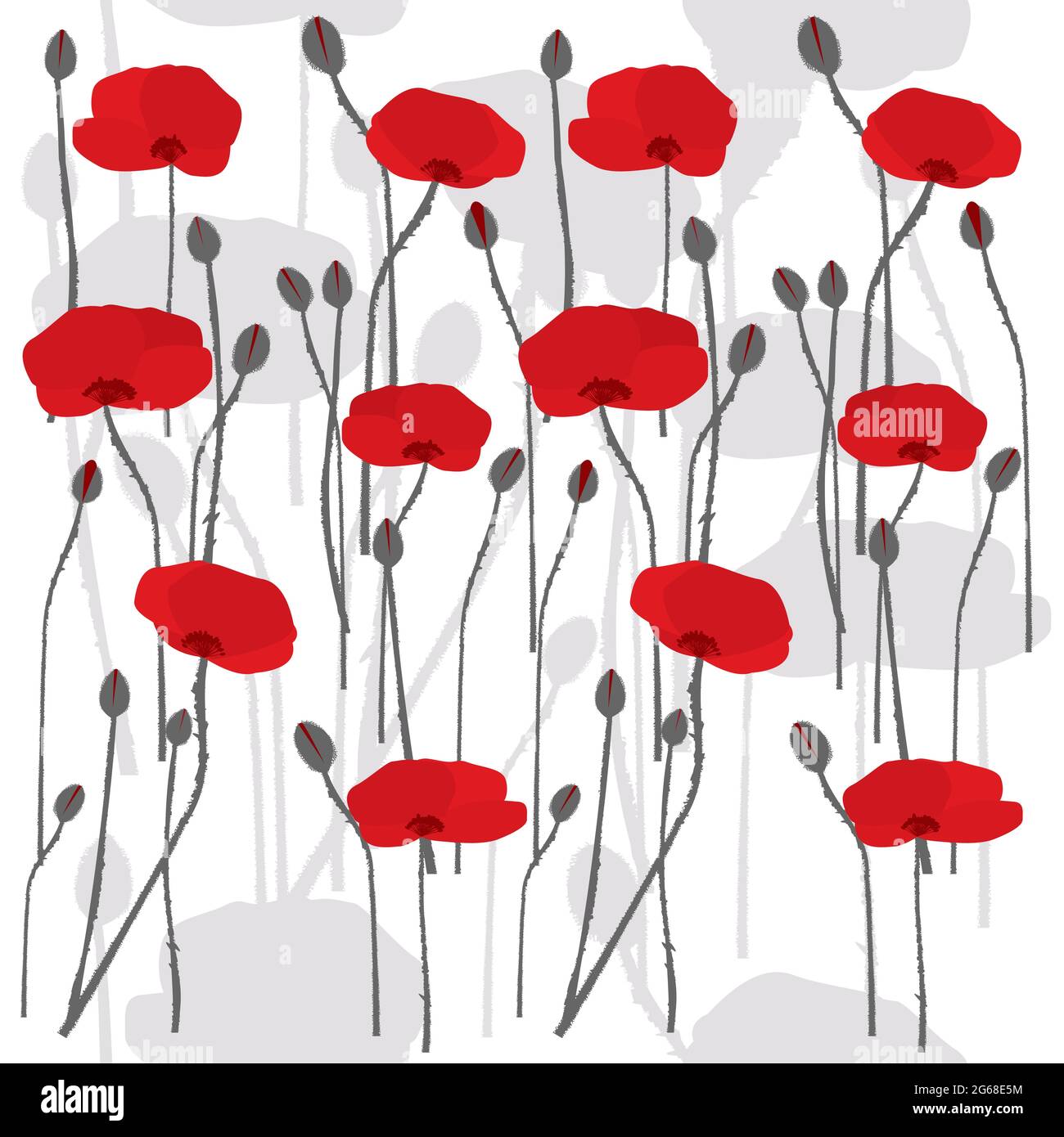 Seamless pattern with hand drawn stylized poppies on white background Stock Vector