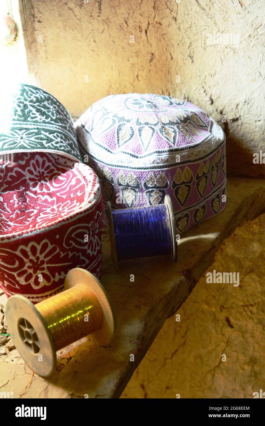 OMAN. KUMMA OR TRADITIONNEL EMBROIDERED HATS WEARED BY THE OMANESE MEN. Stock Photo