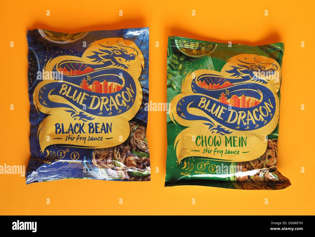LONDON, UK CIRCA JUNE 2021 Packets of Blue Dragon black beans and