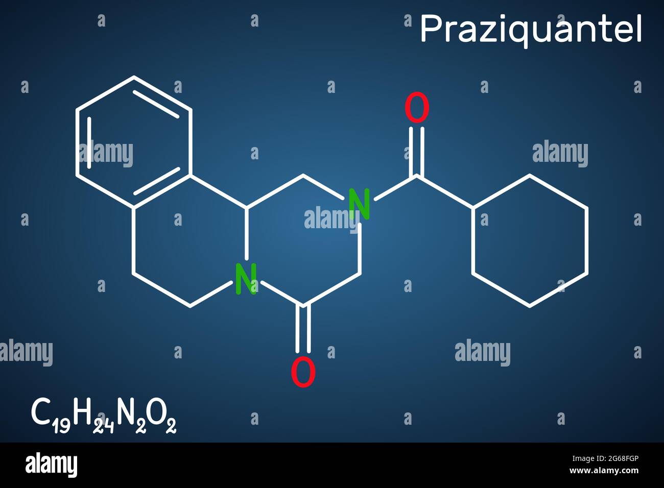 Praziquantel, PZQ, molecule. It is anthelmintic drug for treatment cysticercosis, schistosome, cestode and trematode infestations. Structural chemical Stock Vector