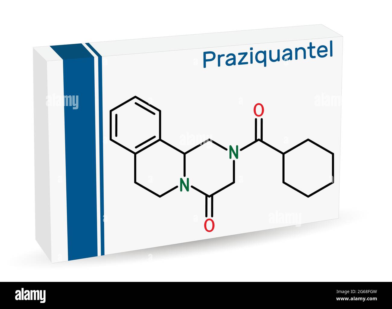 Praziquantel, PZQ, molecule. It is anthelmintic drug for treatment cysticercosis, schistosome, cestode and trematode infestations. Skeletal chemical Stock Vector