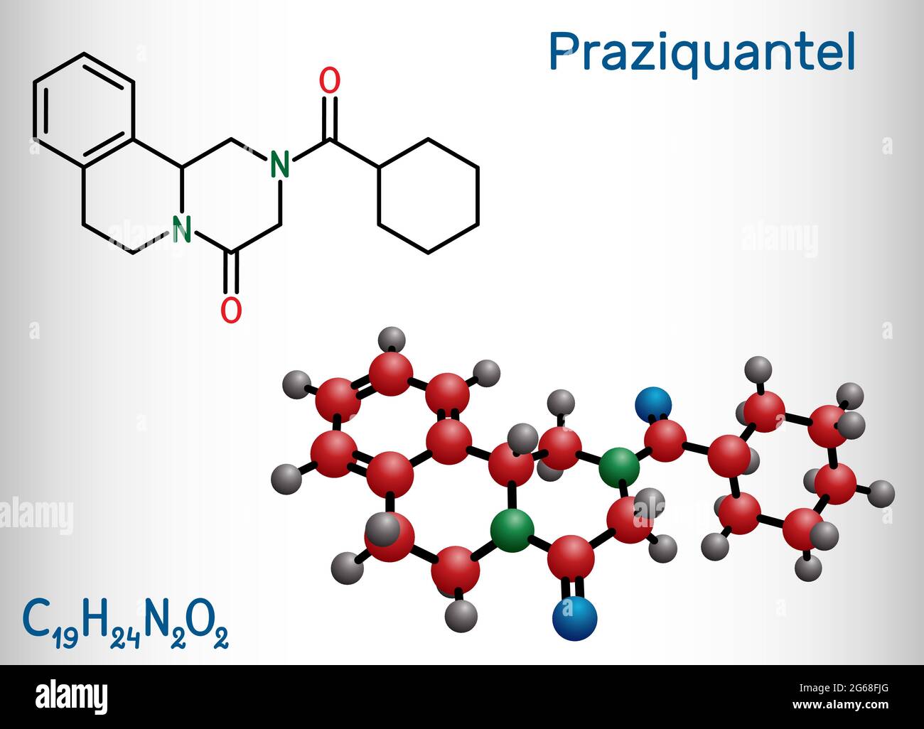 Praziquantel, PZQ, molecule. It is anthelmintic drug for treatment cysticercosis, schistosome, cestode and trematode infestations. Structural chemical Stock Vector