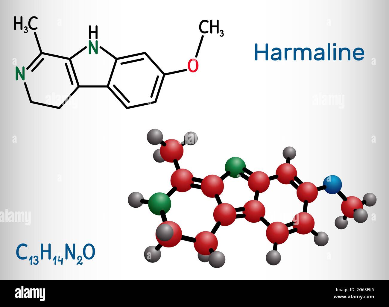 Harmaline molecule. It is fluorescent indole alkaloid. Structural chemical formula and molecule model Stock Vector