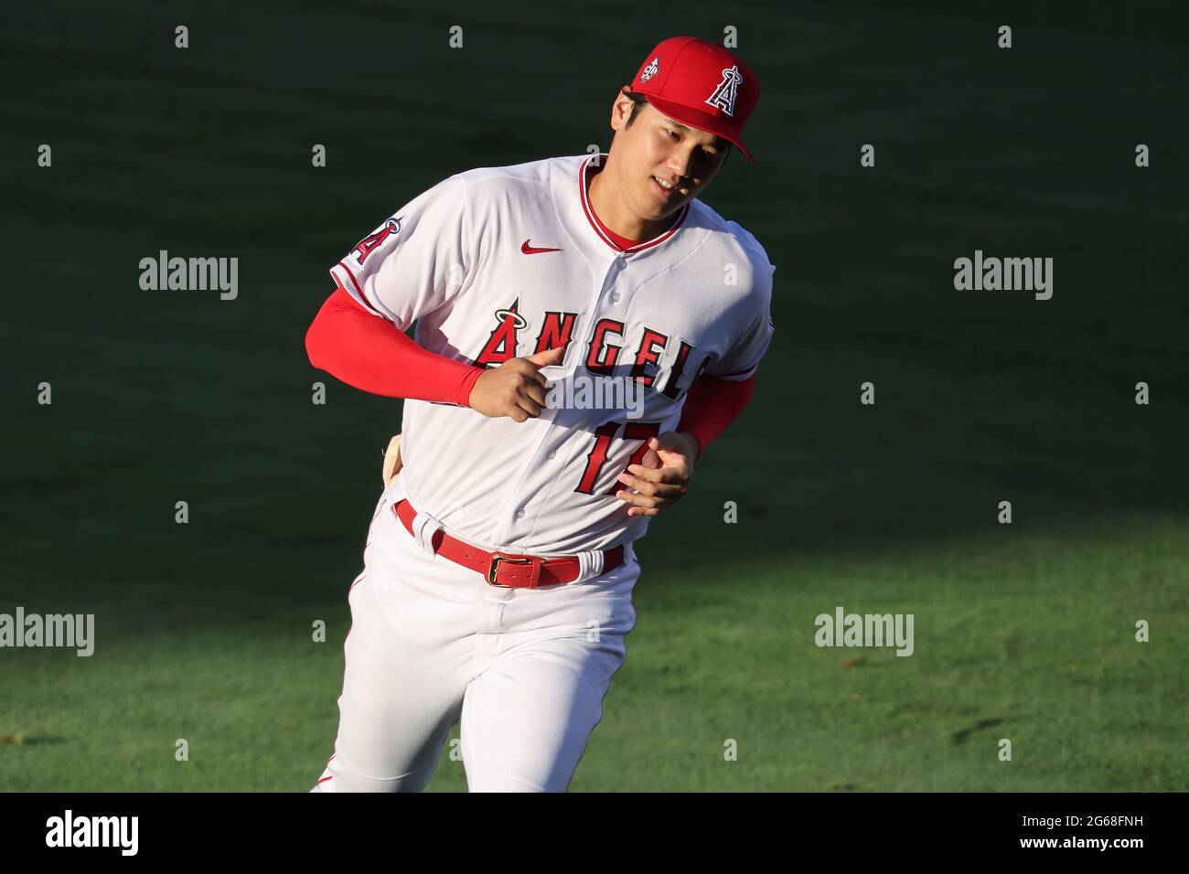 July 3, 2021: Los Angeles Angels designated hitter Shohei Ohtani (17) runs before the game between the Baltimore Orioles and the Los Angeles Angels of Anaheim at Angel Stadium in Anaheim, CA, (Photo by Peter Joneleit, Cal Sport Media) Stock Photo