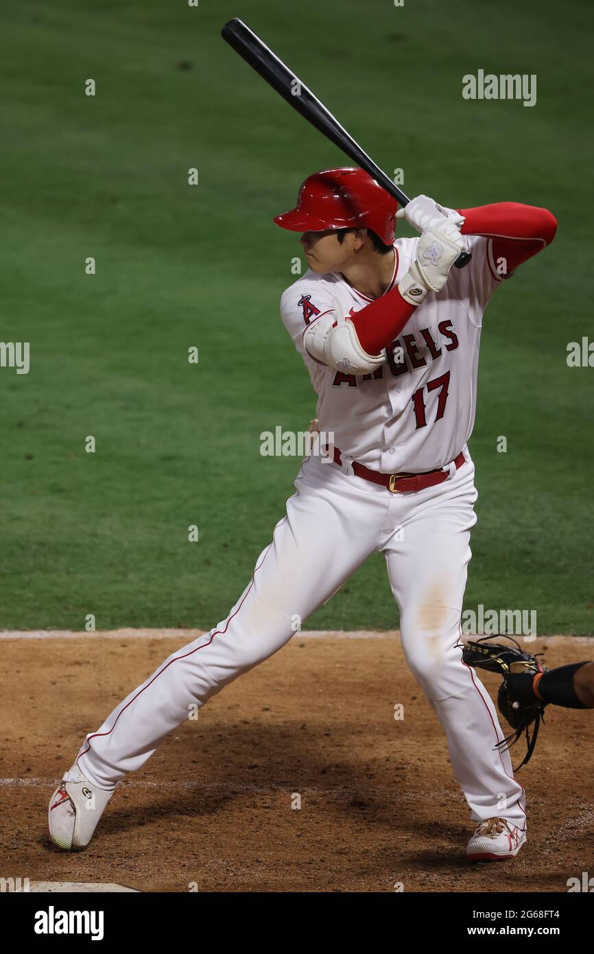 July 3, 2021: Los Angeles Angels designated hitter Shohei Ohtani (17) bats the Angels during the game between the Baltimore Orioles and the Los Angeles Angels of Anaheim at Angel Stadium in Anaheim, CA, (Photo by Peter Joneleit, Cal Sport Media) Stock Photo