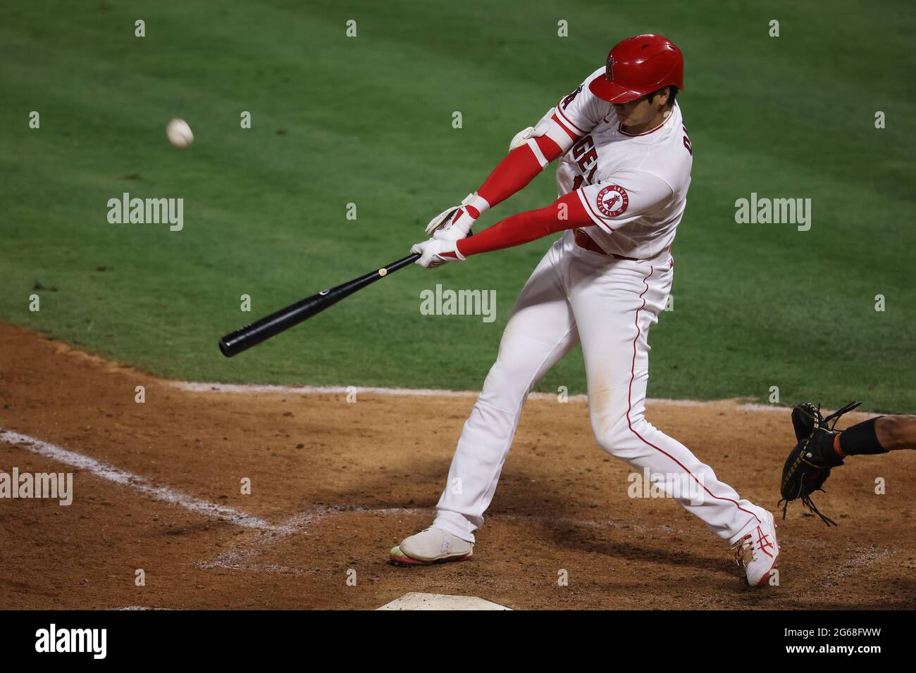 July 3, 2021: Los Angeles Angels designated hitter Shohei Ohtani (17) makes contact at the plate during the game between the Baltimore Orioles and the Los Angeles Angels of Anaheim at Angel Stadium in Anaheim, CA, (Photo by Peter Joneleit, Cal Sport Media) Stock Photo