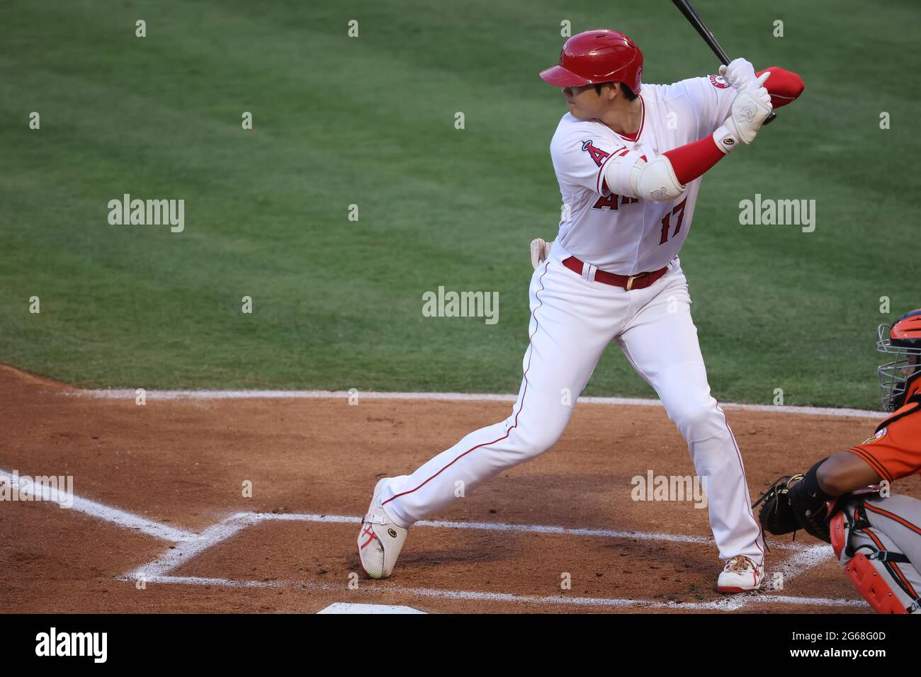 July 3, 2021: Los Angeles Angels designated hitter Shohei Ohtani (17) bats for the Angels during the game between the Baltimore Orioles and the Los Angeles Angels of Anaheim at Angel Stadium in Anaheim, CA, (Photo by Peter Joneleit, Cal Sport Media) Stock Photo