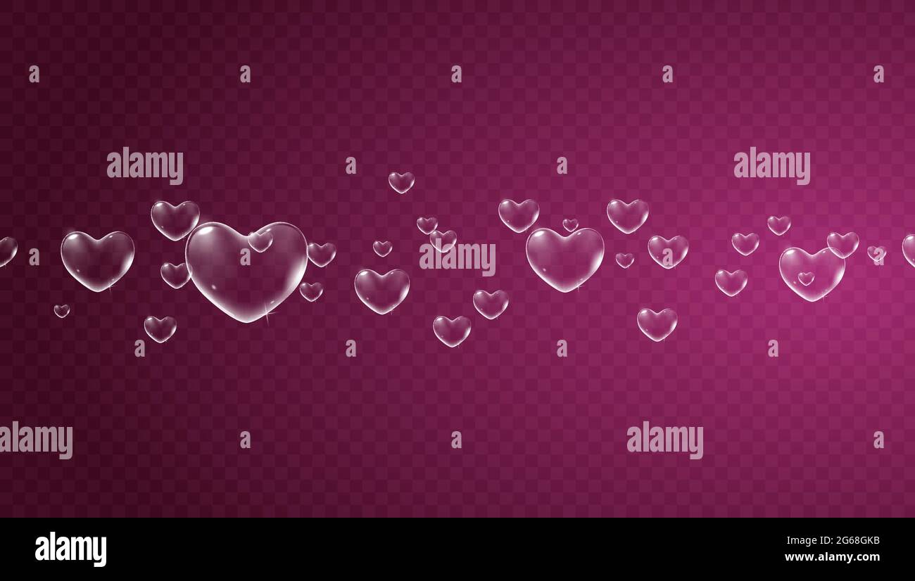 Dark red transparent background with white heart-shaped soap bubbles ...