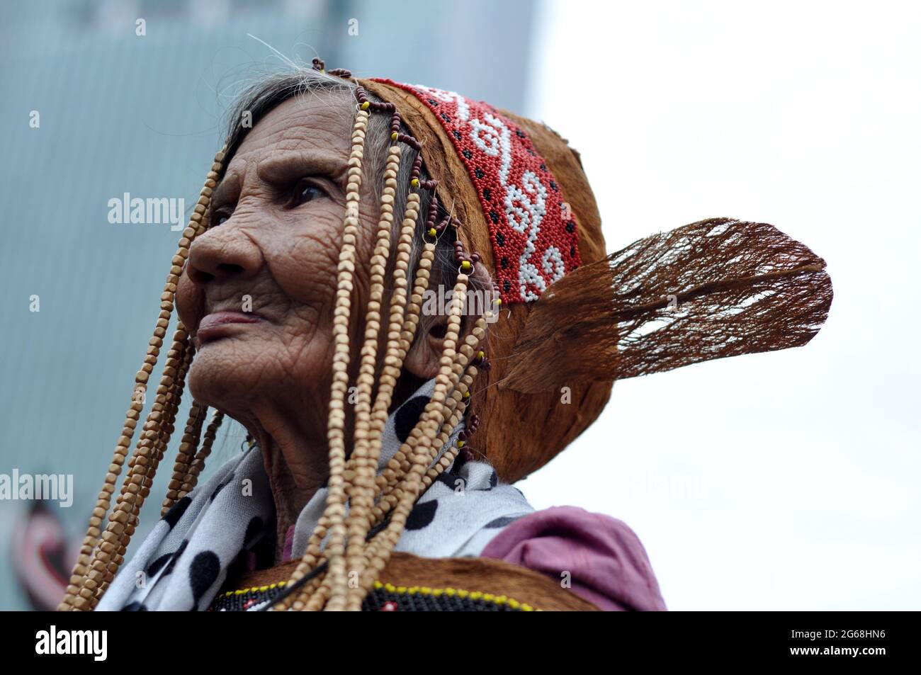 Jakarta, Indonesia - July 1, 2018: Indung Sabik, she is 128 years old from Dayak Meratus tribe was present at the Dayak Festival in Jakarta Stock Photo