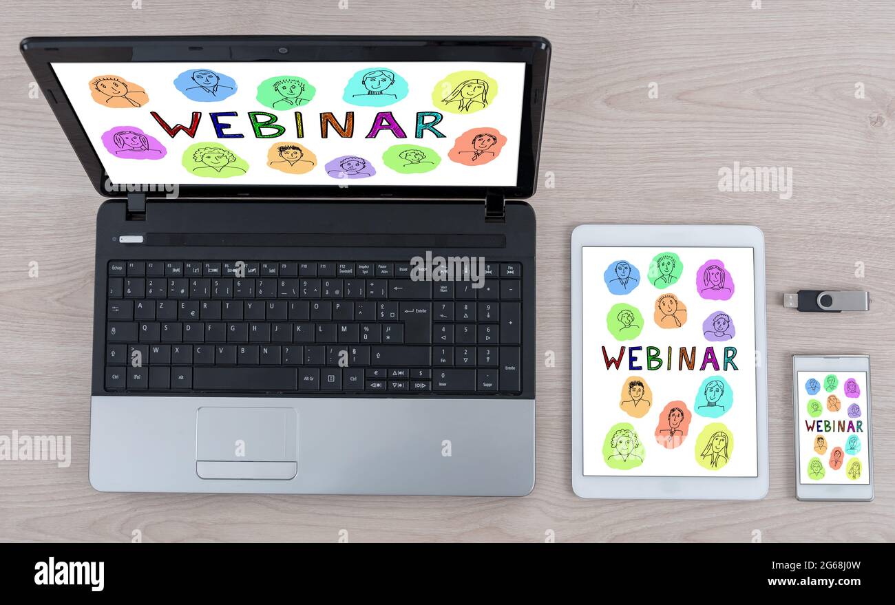 Webinar concept shown on different information technology devices Stock Photo