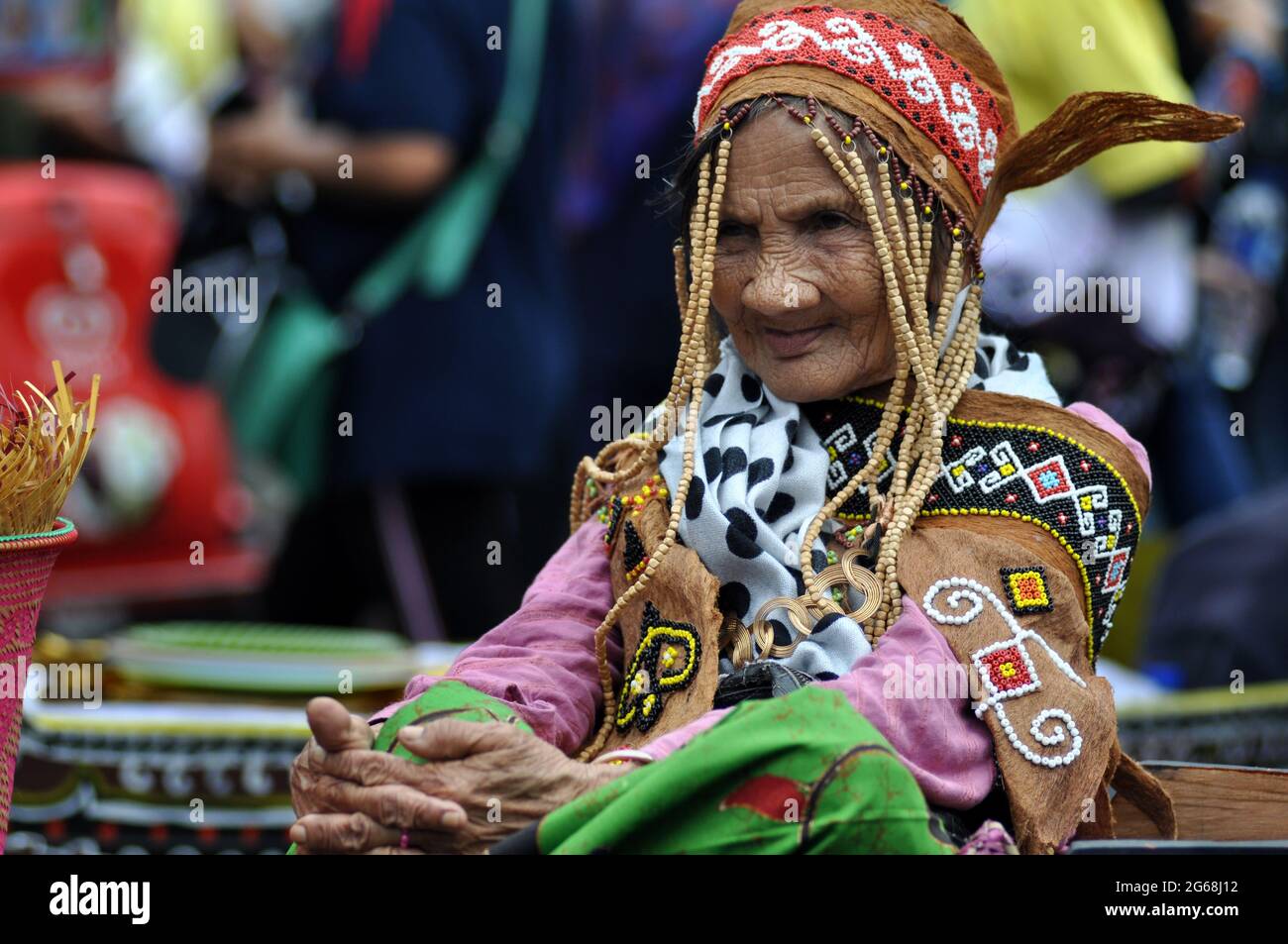 Jakarta, Indonesia - July 1, 2018: Indung Sabik, she is 128 years old from Dayak Meratus tribe was present at the Dayak Festival in Jakarta Stock Photo