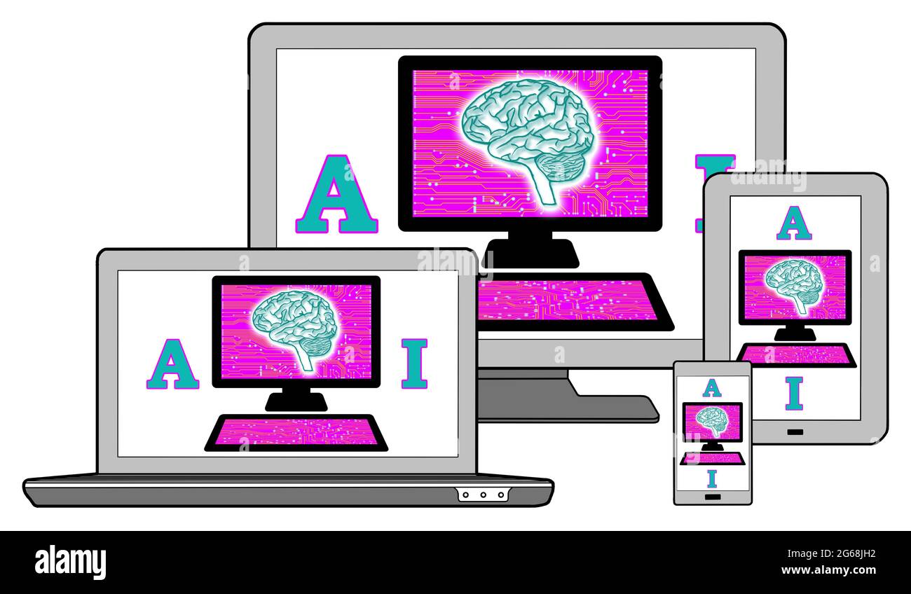 Artificial intelligence concept on different devices, isolated on white Stock Photo
