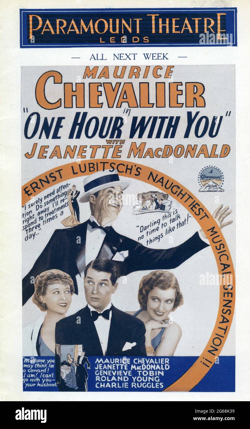 Front Cover of British Cinema Programme from November 1932 for the Paramount Theatre in Leeds for MAURICE CHEVALIER JEANETTE MacDONALD and GENEVIEVE TOBIN in ONE HOUR WITH YOU 1932 directors GEORGE CUKOR and ERNST LUBITSCH from the play Only a Dream by Lothar Schmidt gowns Travis Banton producer Ernst Lubitsch Paramount Pictures Stock Photo