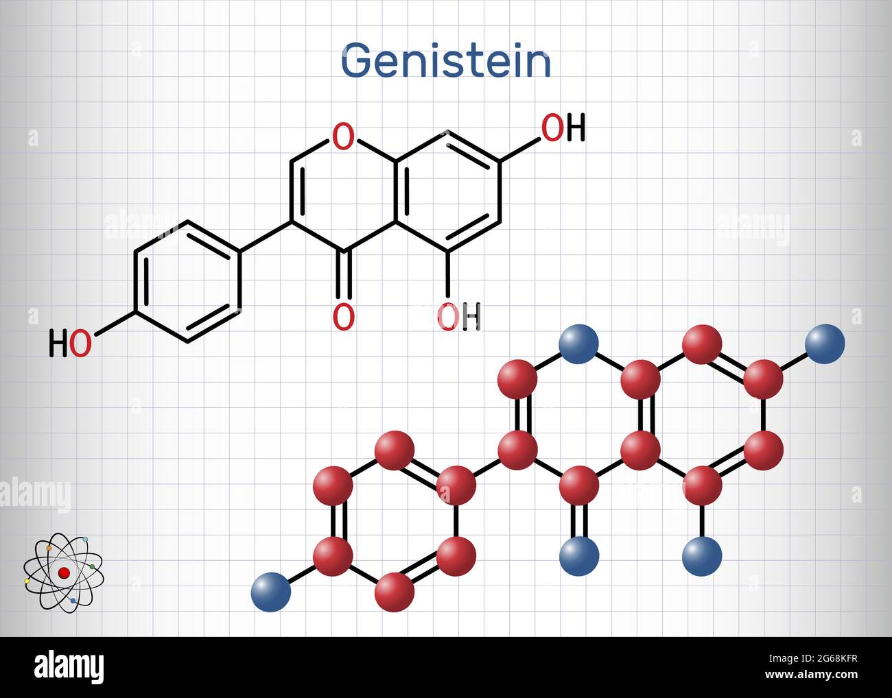 Genistein molecule. It is phytoestrogen, plant metabolite, isoflavone extract from soy with antioxidant and phytoestrogenic properties. Sheet of paper Stock Vector