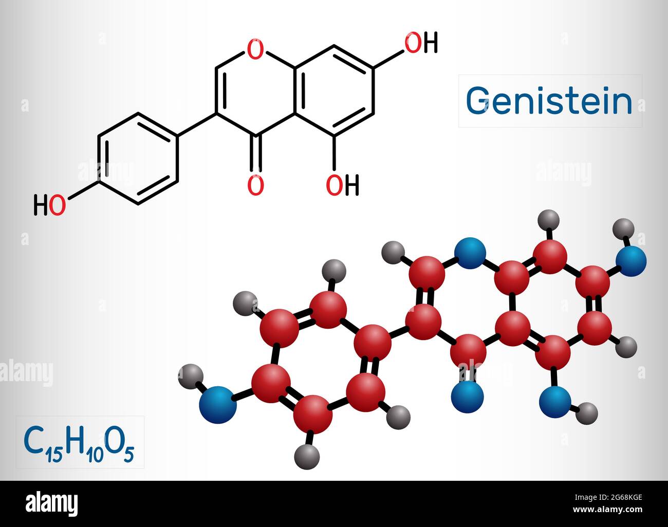 Genistein molecule. It is phytoestrogen, plant metabolite, isoflavone extract from soy with antioxidant and phytoestrogenic properties. Structural che Stock Vector