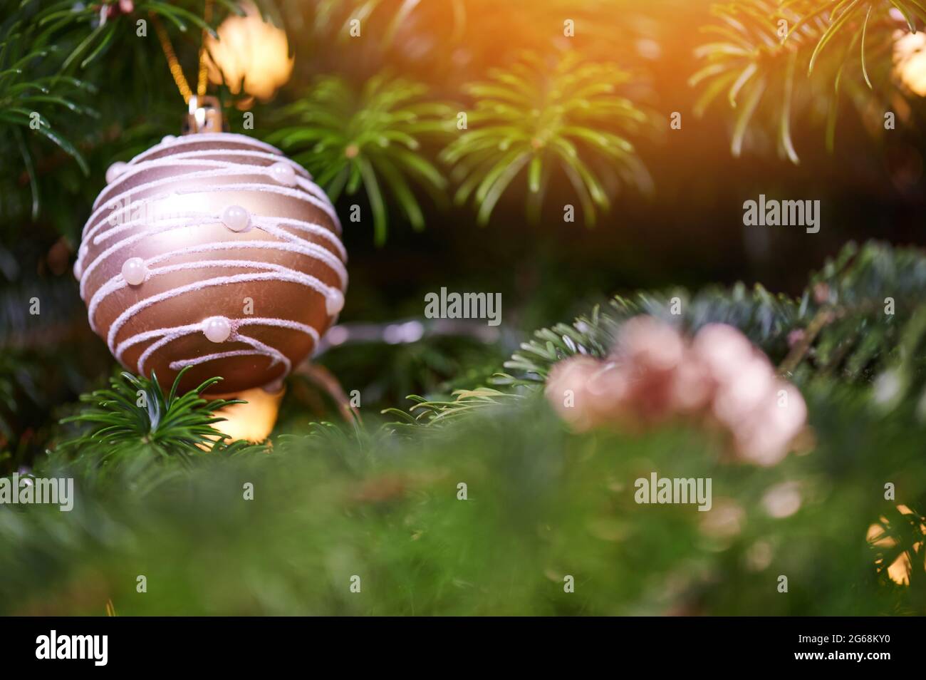 Hanging ornament Christmas ball on blurred fir background Stock Photo