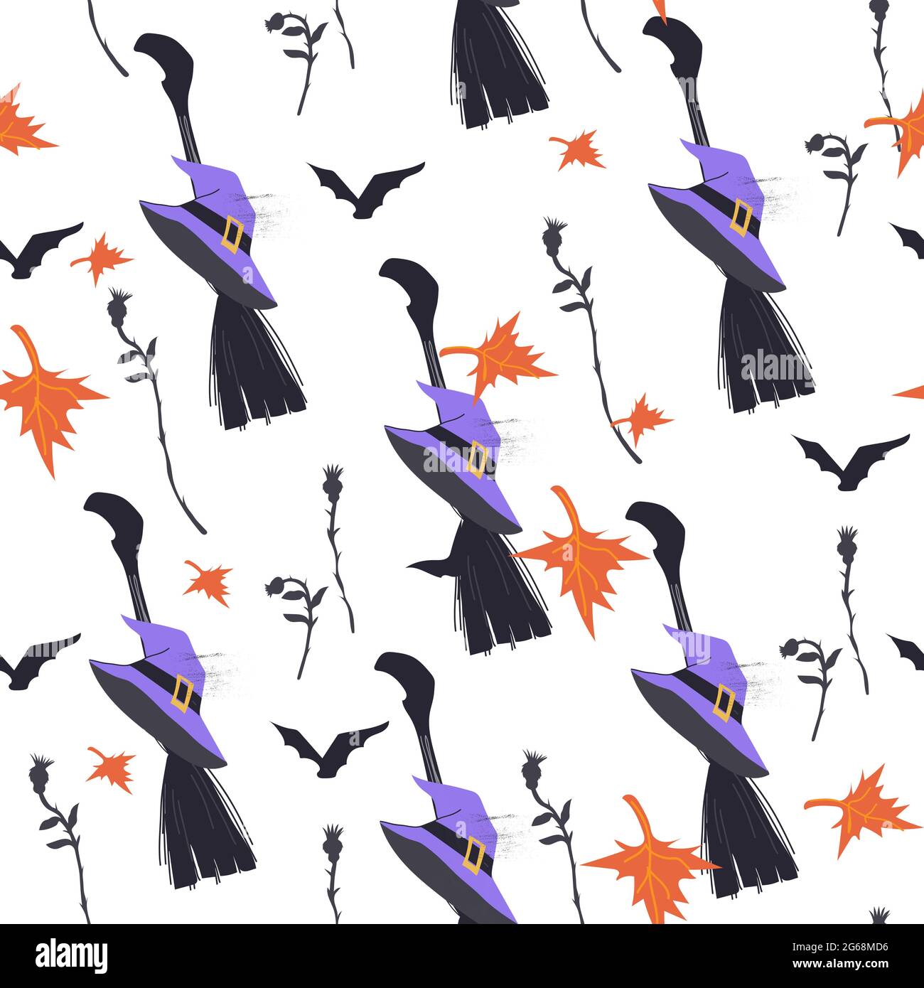 Vector Halloween seamless pattern with witch broom and hat among autumn ...