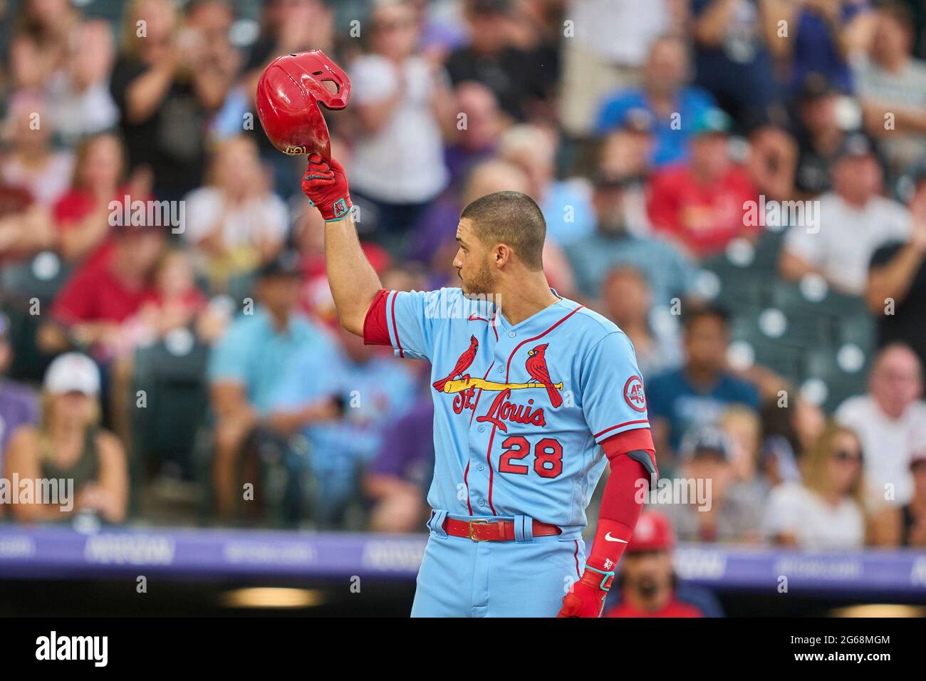 July 2. 2021: Saint Louis third basemen Nolan Arenado (28) swings