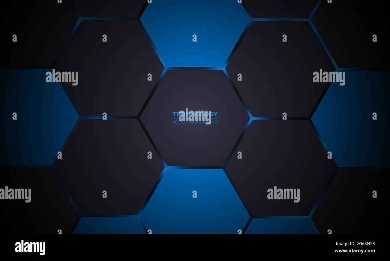 Dark gray hexagonal technology abstract vector background. Blue bright ...