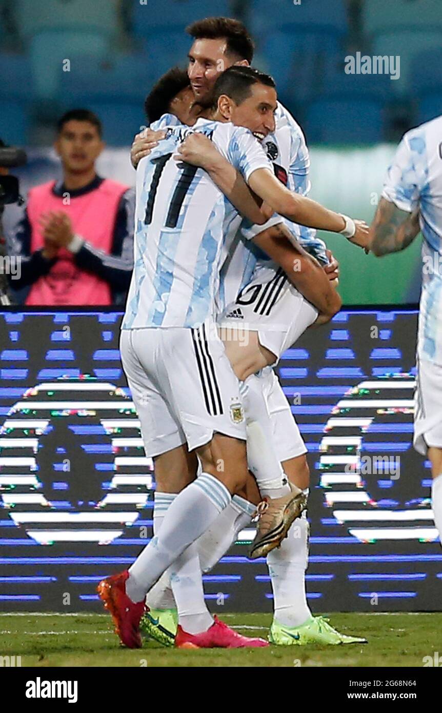 Goiania, Brazil. 3rd July, 2021. Argentina's Lionel Messi (R) celebrates with teammates during the 2021 Copa America Quarterfinals football match between Argentina and Ecuador in Goiania, Brazil, on July 3, 2021. Credit: Lucio Tavora/Xinhua/Alamy Live News Stock Photo