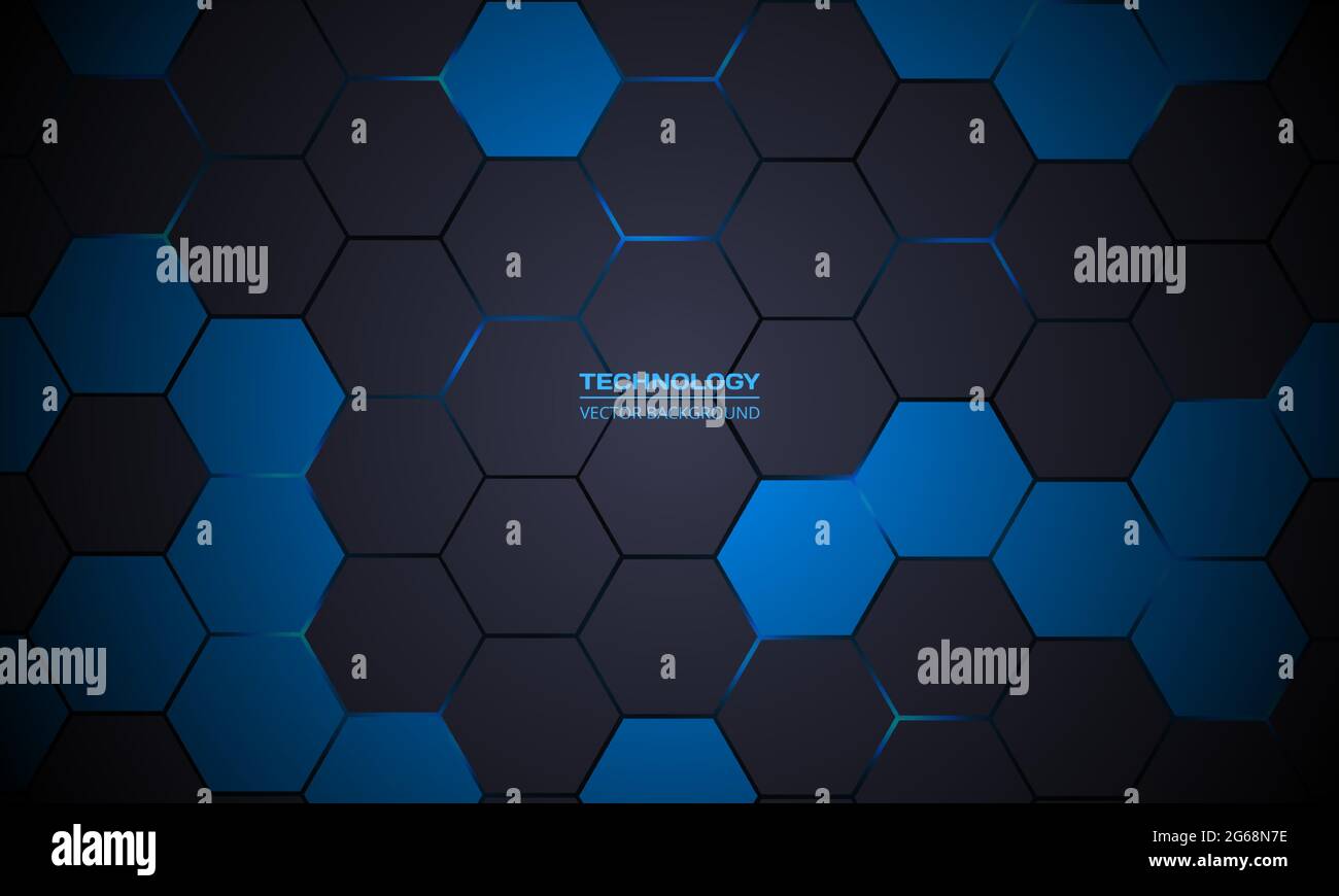 Dark gray hexagonal technology abstract vector background. Blue bright ...