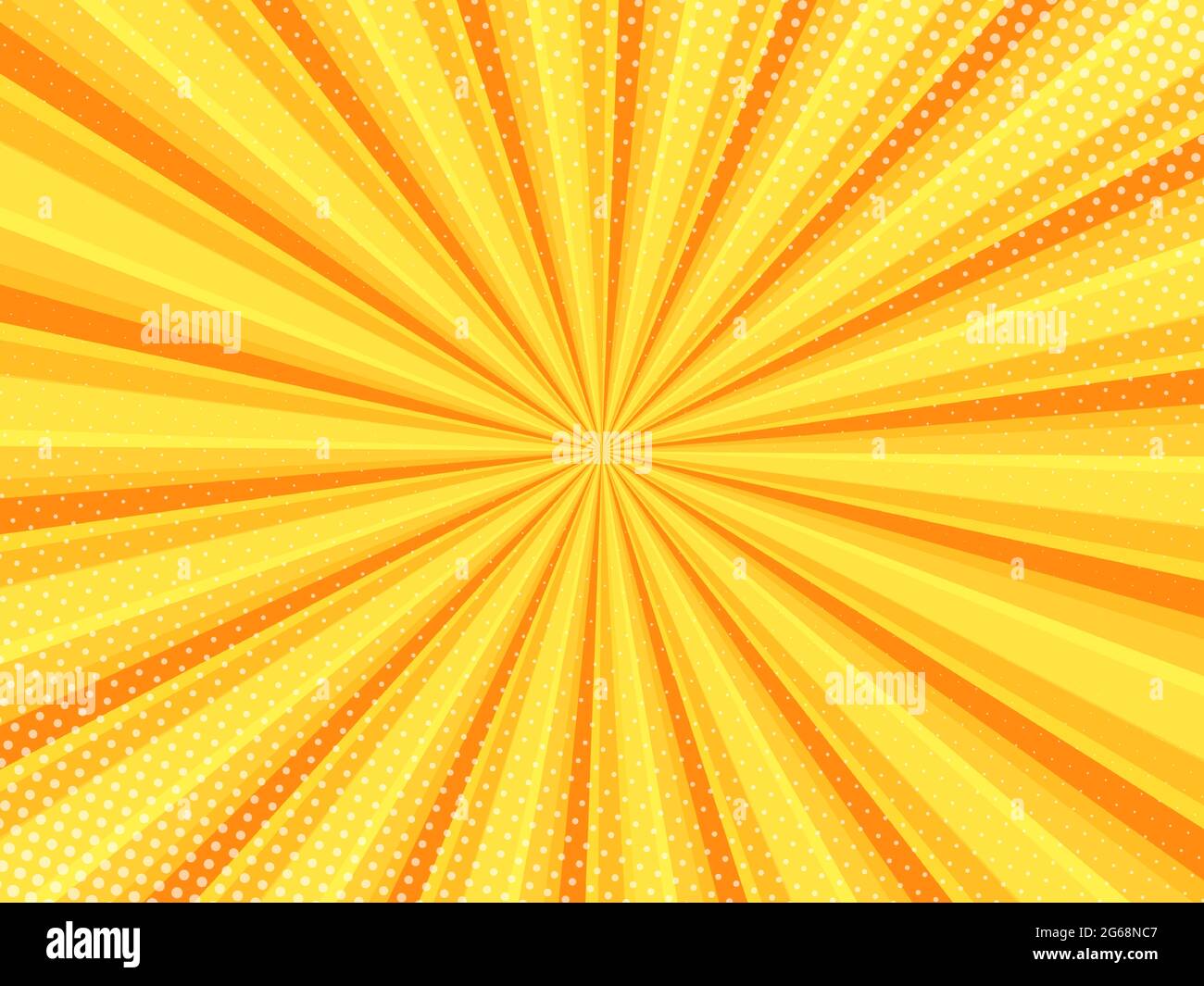 Yellow comic background with halftone. Pop art style effect, cartoon comic orange background with lightning blast halftone dots. Vector illustration. Stock Vector