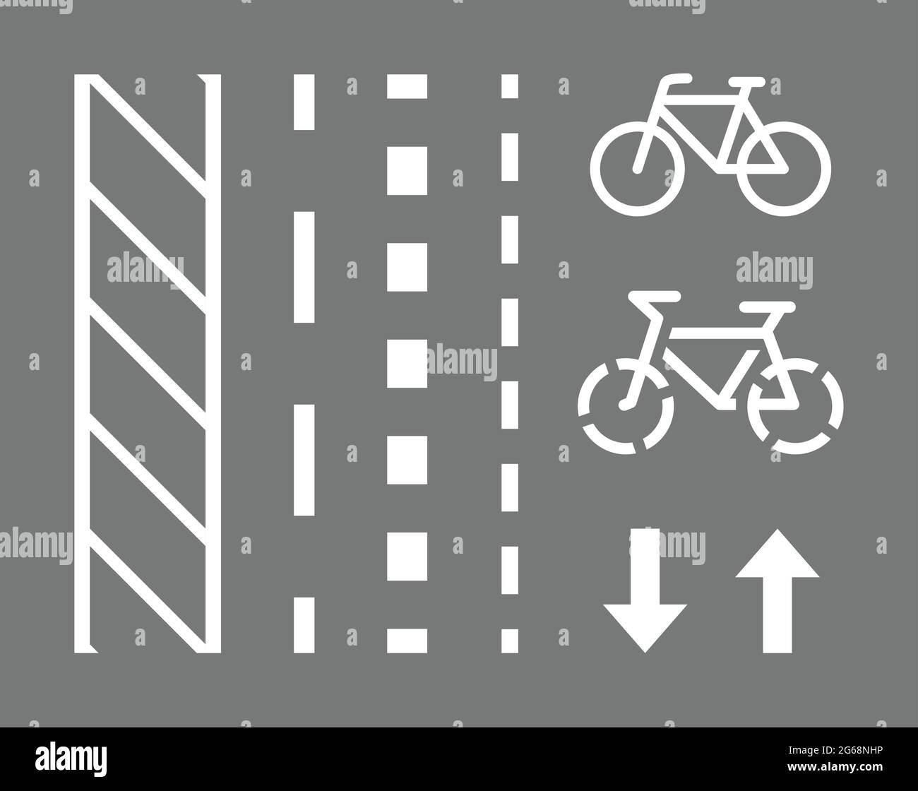 Bicycle route sign, road markings and arrows pointing direction. Vector