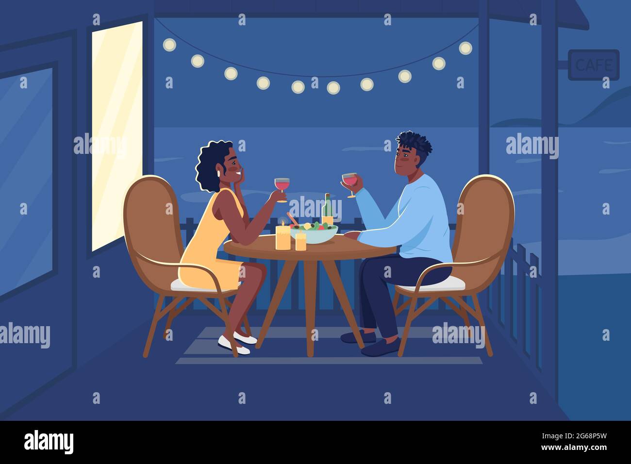 Romantic dinner outdoors flat color vector illustration Stock Vector
